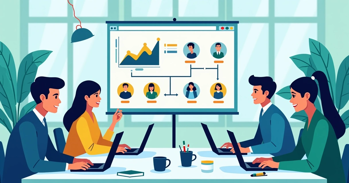 Equipe reunida com computadores desenvolvendo estratégias de narrativa para campanha digital.