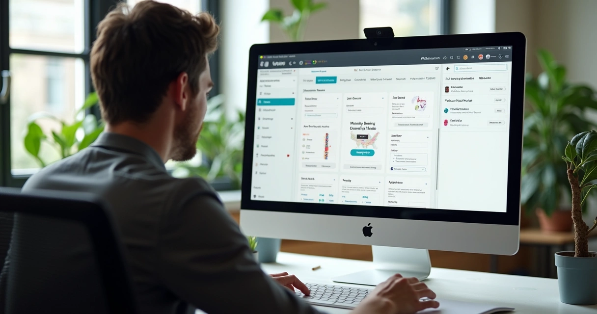 Pessoa interagindo com painel de criação de aplicativos no Webflow por IA, tela repleta de componentes e layouts do site 