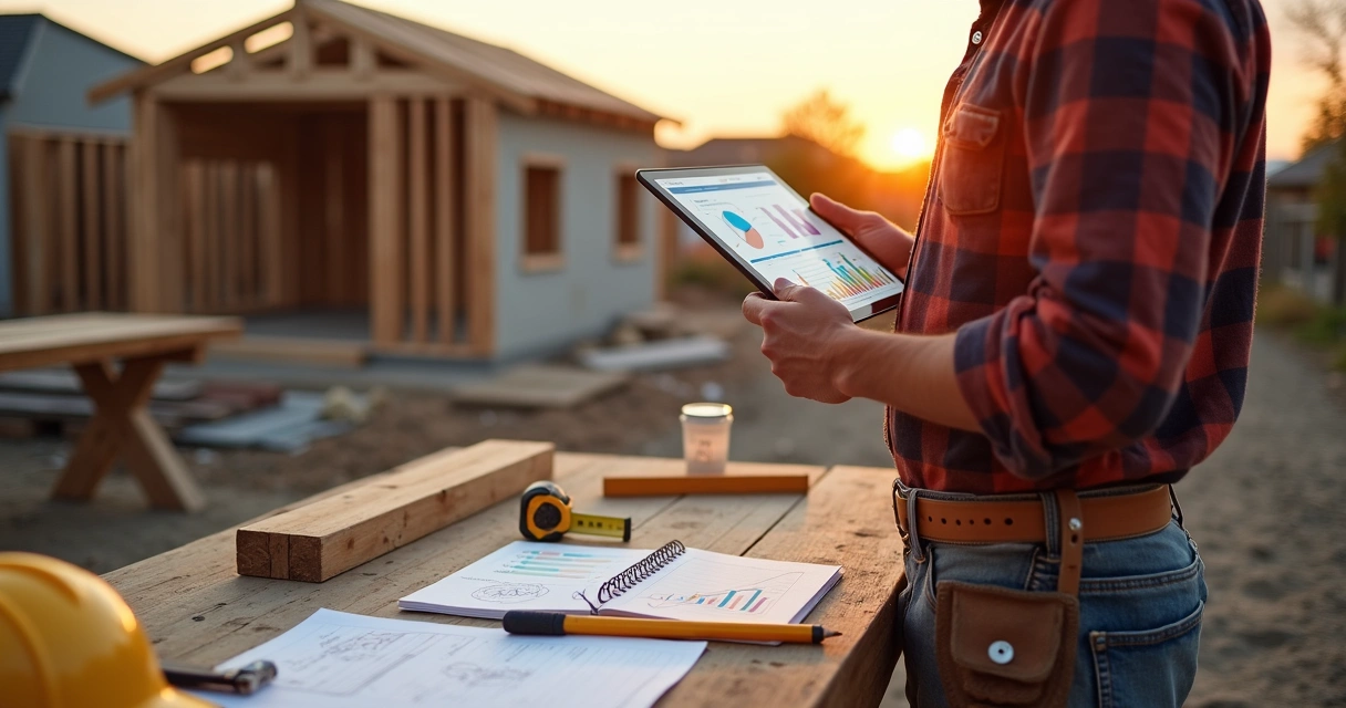 Construtor autônomo em obra ao ar livre usando tablet com painel financeiro digital 