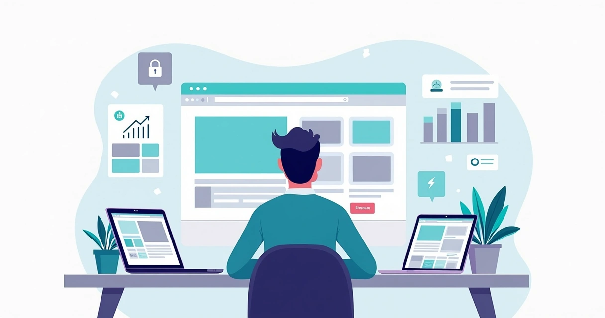 Ilustração de profissional escolhendo plataforma de construtor de sites em painel moderno 