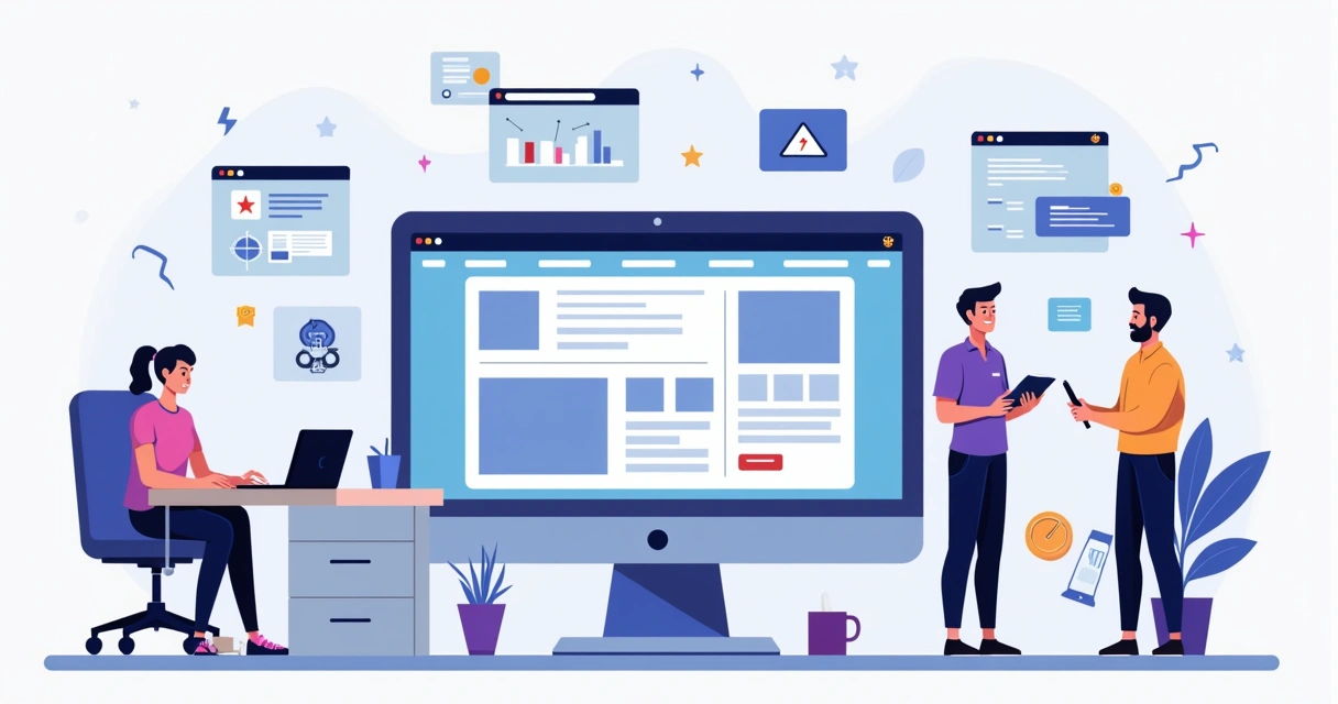 Ilustração de webdesigner criando landing page em construtor de páginas 