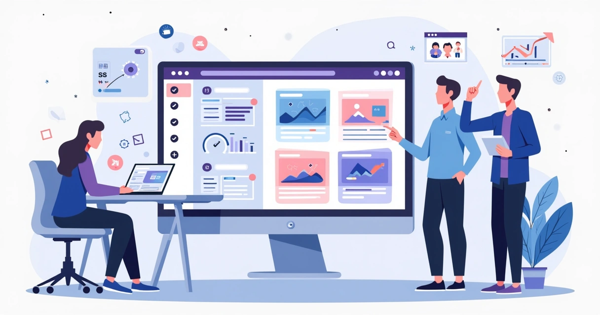 Ilustração de construtor de site com IA para agências e freelancers em ambiente corporativo digital 