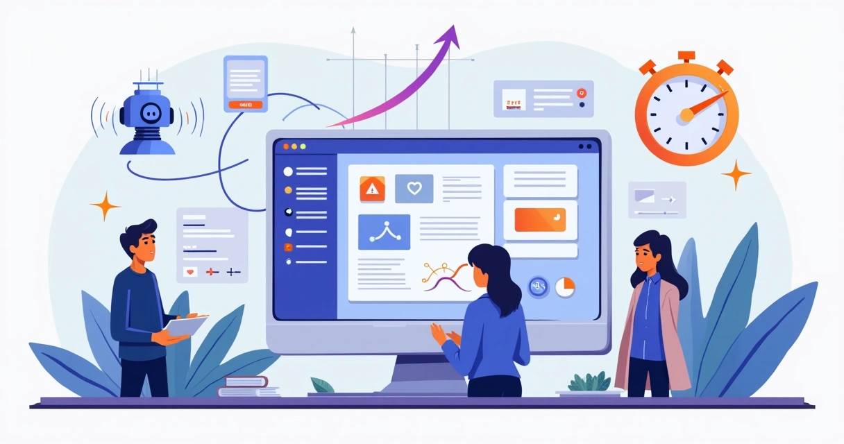 Ilustração de construtor de site com IA criando uma landing page rápida em notebook 