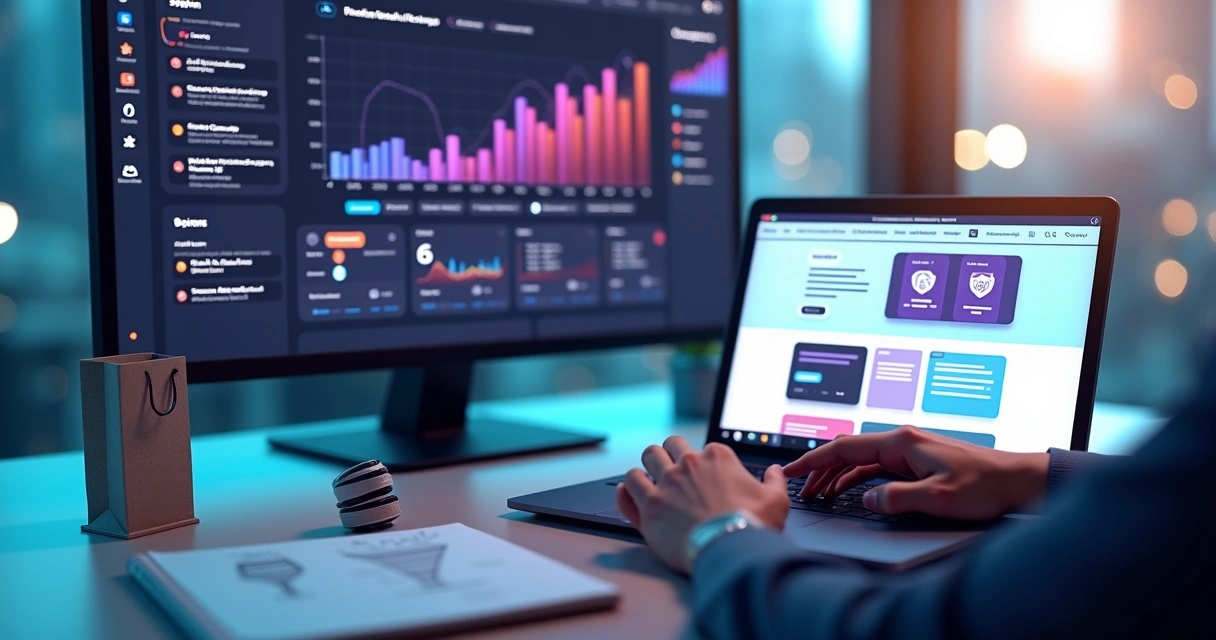 Empresário criando site com construtor de site com IA em notebook 