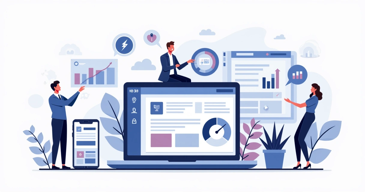 Ilustração de construtor de site rápido com painel moderno e carregamento veloz em múltiplos dispositivos 