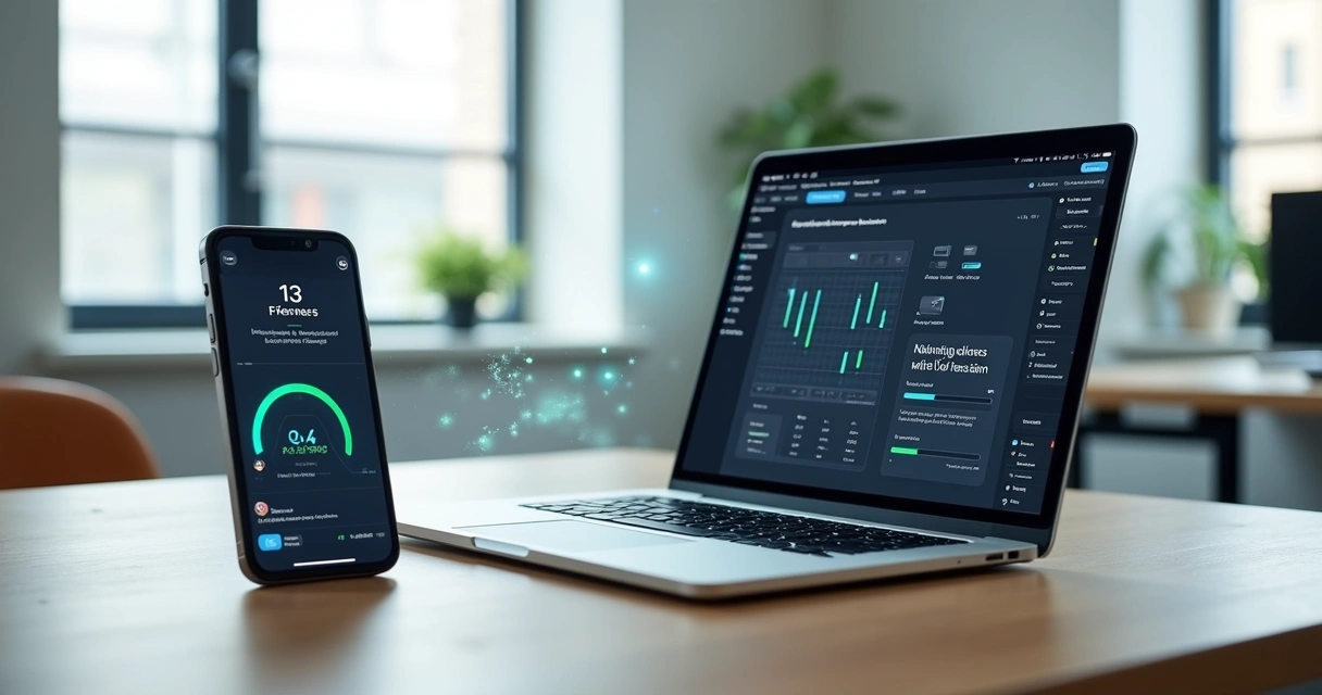 Tela de construtor de sites mostrando criação rápida de página em notebook e smartphone 