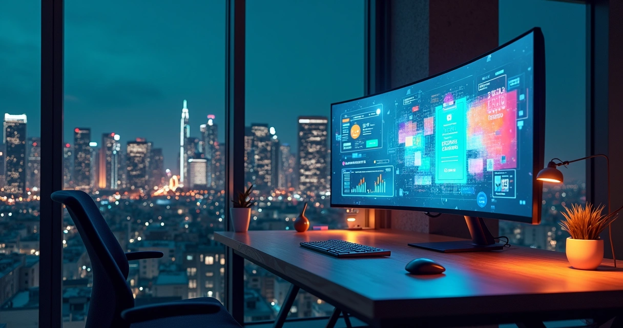 Interface de construtor de site exibida em monitores com gráficos de desempenho digital 