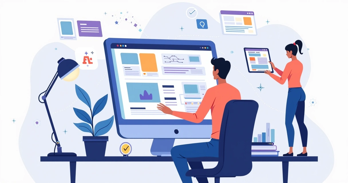 Freelancer criando site com IA em construtor visual no computador 