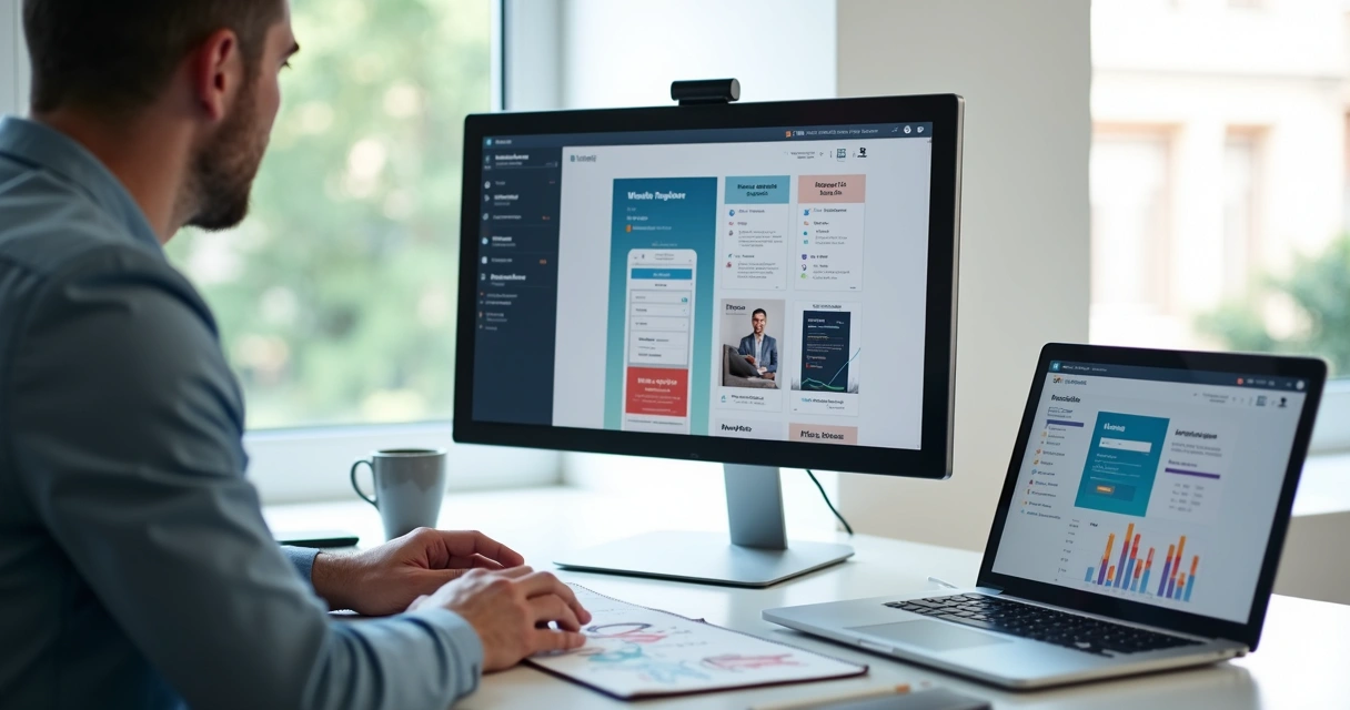 Profissional escolhendo construtor de sites em painel moderno no computador 