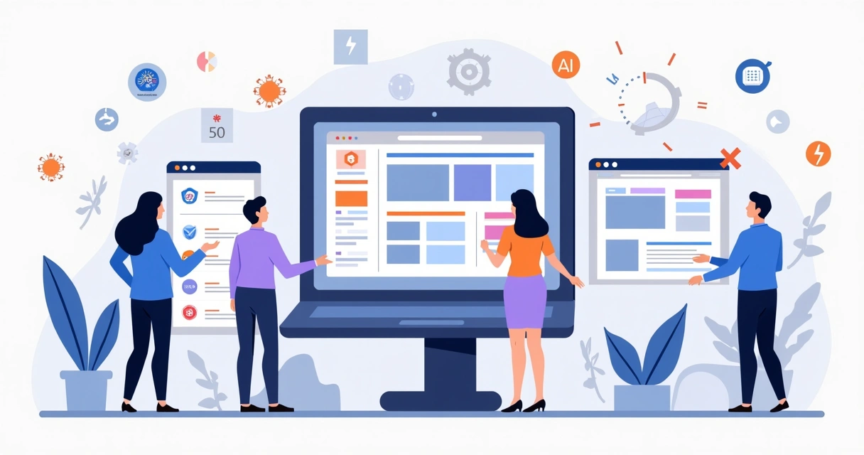 Ilustração de profissionais comparando construtores de sites em múltiplas telas 