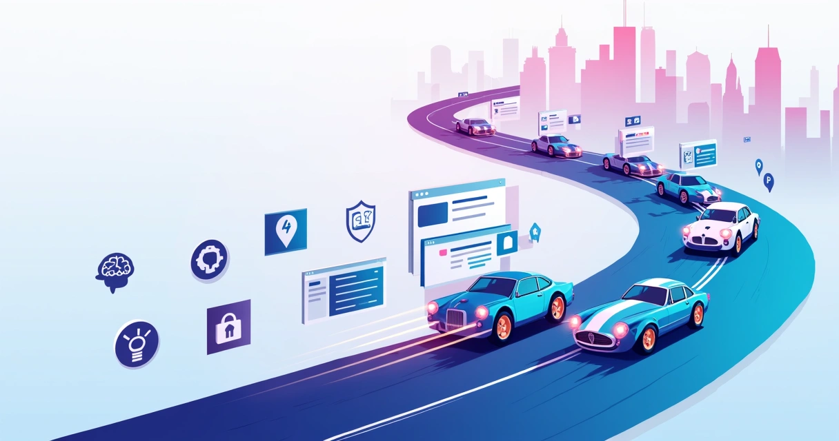 Estrada digital mostrando sites sendo construídos em alta velocidade 