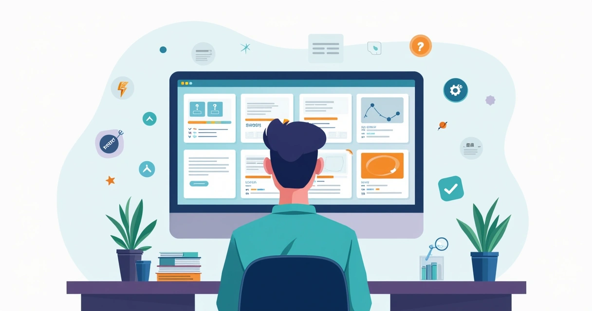 Profissional avaliando construtor visual em painel com diferentes opções de plataformas 