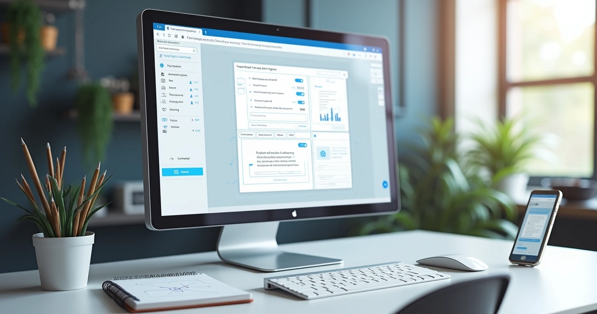 Tela de construtor visual com blocos sendo arrastados para montar um site 