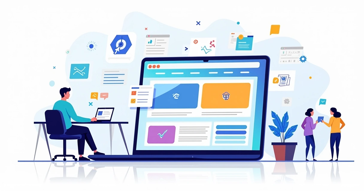 Ilustração de profissional criando site com construtor visual no computador 