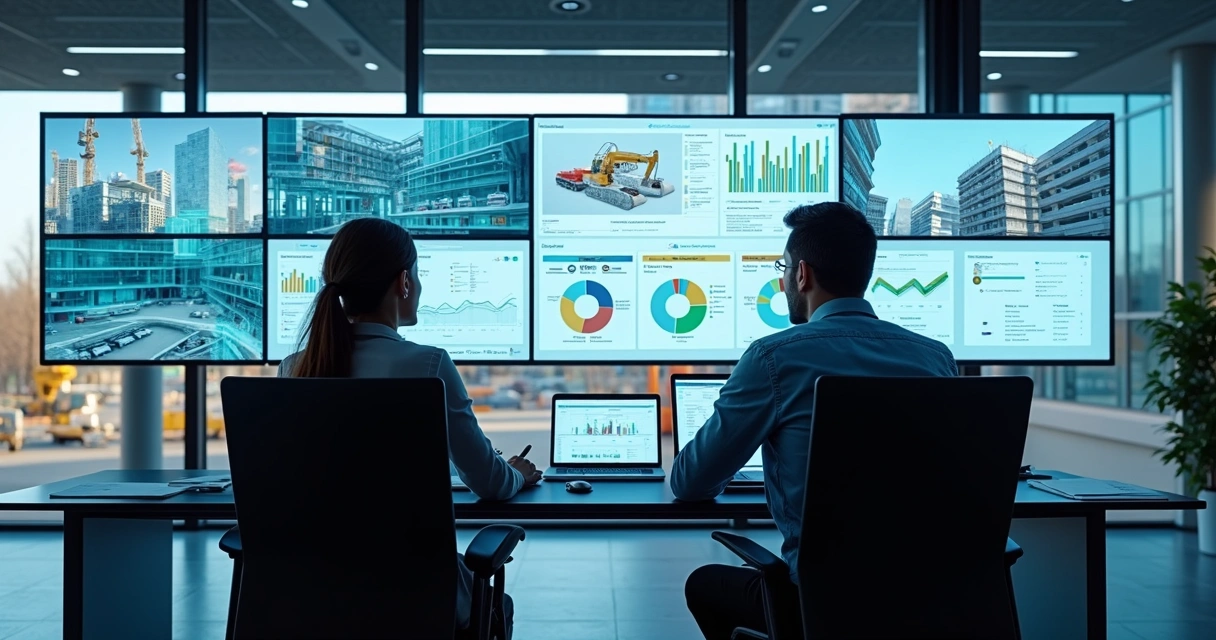 Painel de controle moderno exibindo dados de construção civil 