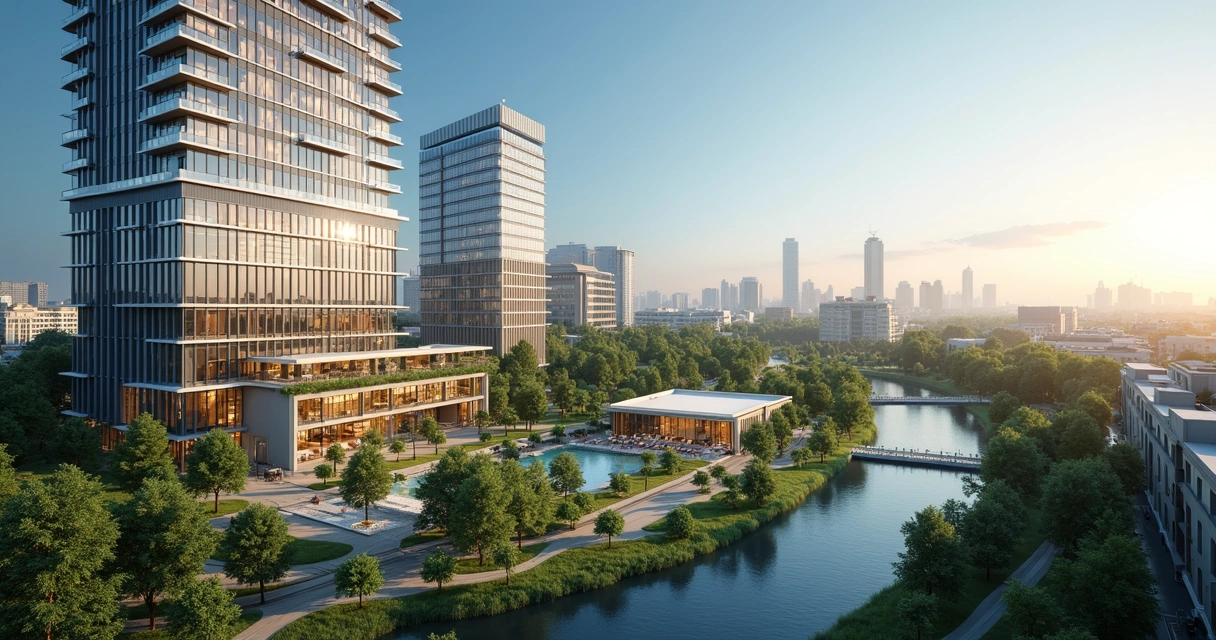 Fachada moderna de um prédio residencial de alto padrão com logo da Melnick ao lado de maquete digital de loteamento urbano e área comercial 