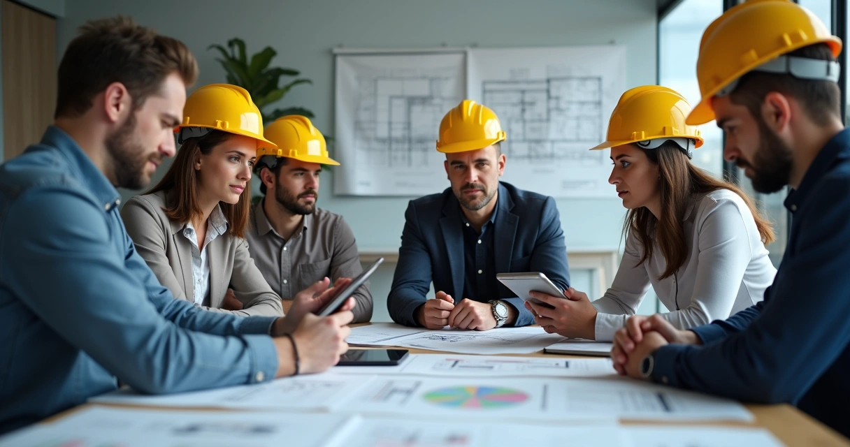 Equipe de construtora reunida com fornecedores discutindo planilhas de controle de manutenção 