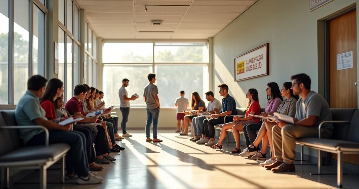 Fila em consulado espanhol no Brasil com pessoas aguardando atendimento 