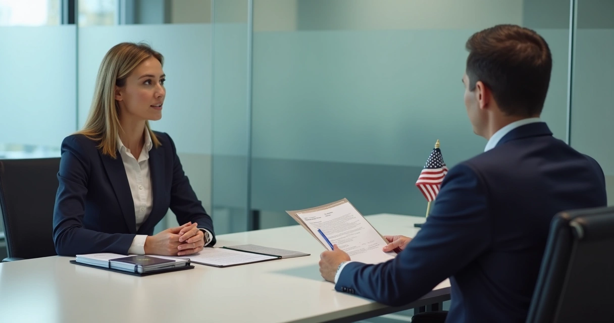 Applicant speaking with a consular officer in an office 