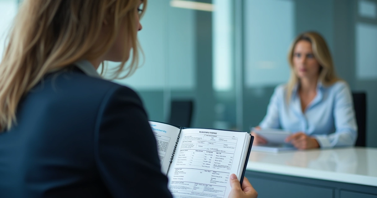 Applicant at a consular interview with organized business documents