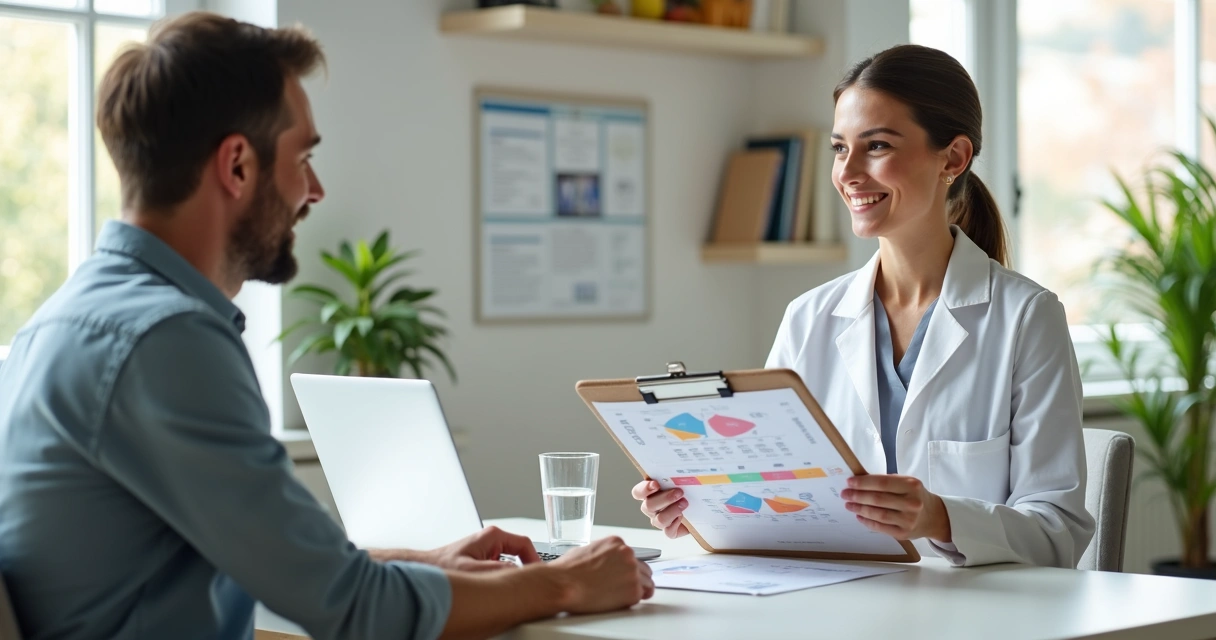 Nutricionista conversando com paciente adulto em ambiente acolhedor 
