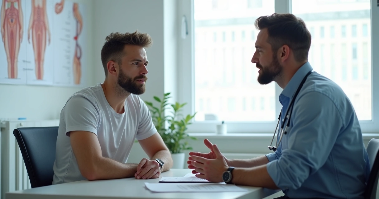 Paciente conversa com andrologista em consultório durante acompanhamento 