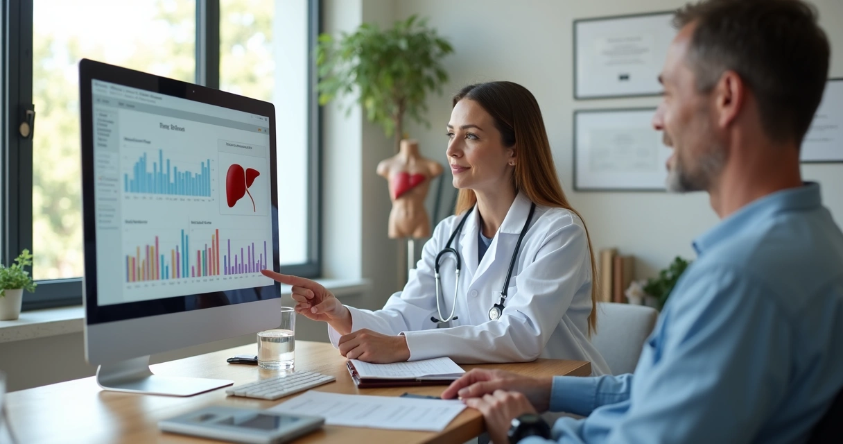 Médica e paciente conversando sobre exames do fígado em consultório com gráficos na tela 