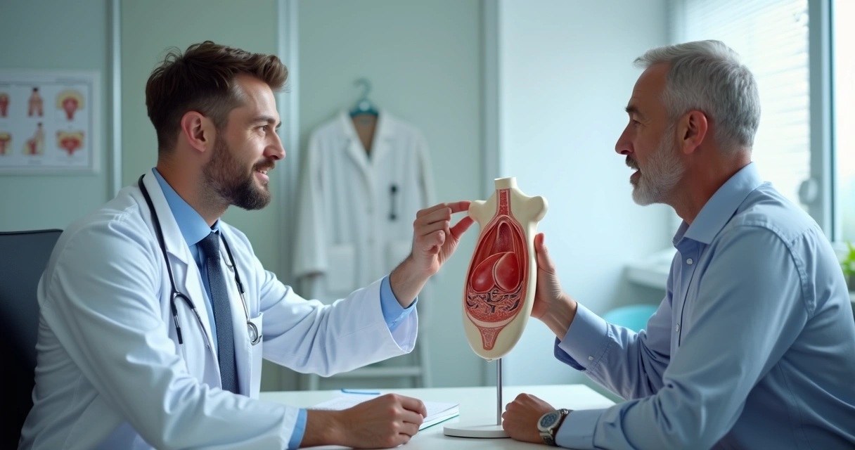Médico orientando paciente em consultório urológico 
