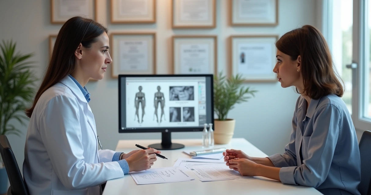 Consulta entre médico e paciente debatendo termos de um acordo em clínica cirúrgica 