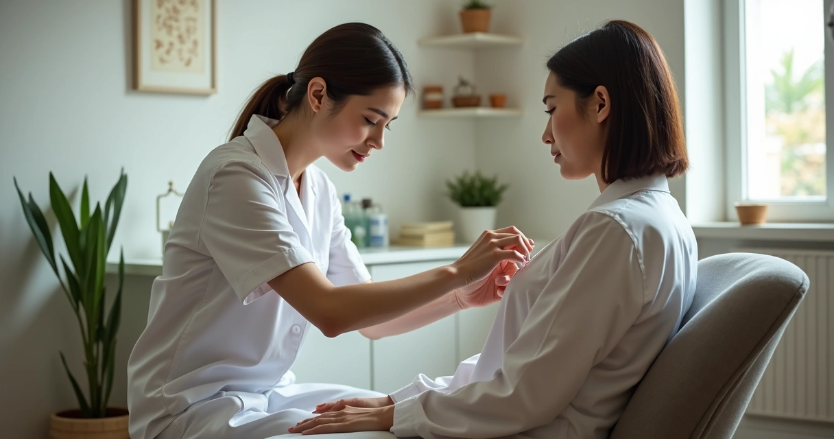 Paciente em consulta de acupuntura auricular em clínica 