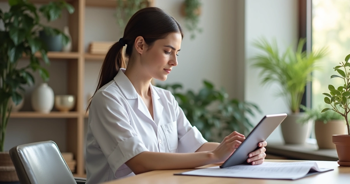 Acupunturista analisando prontuário com tablet em consultório tranquilo 