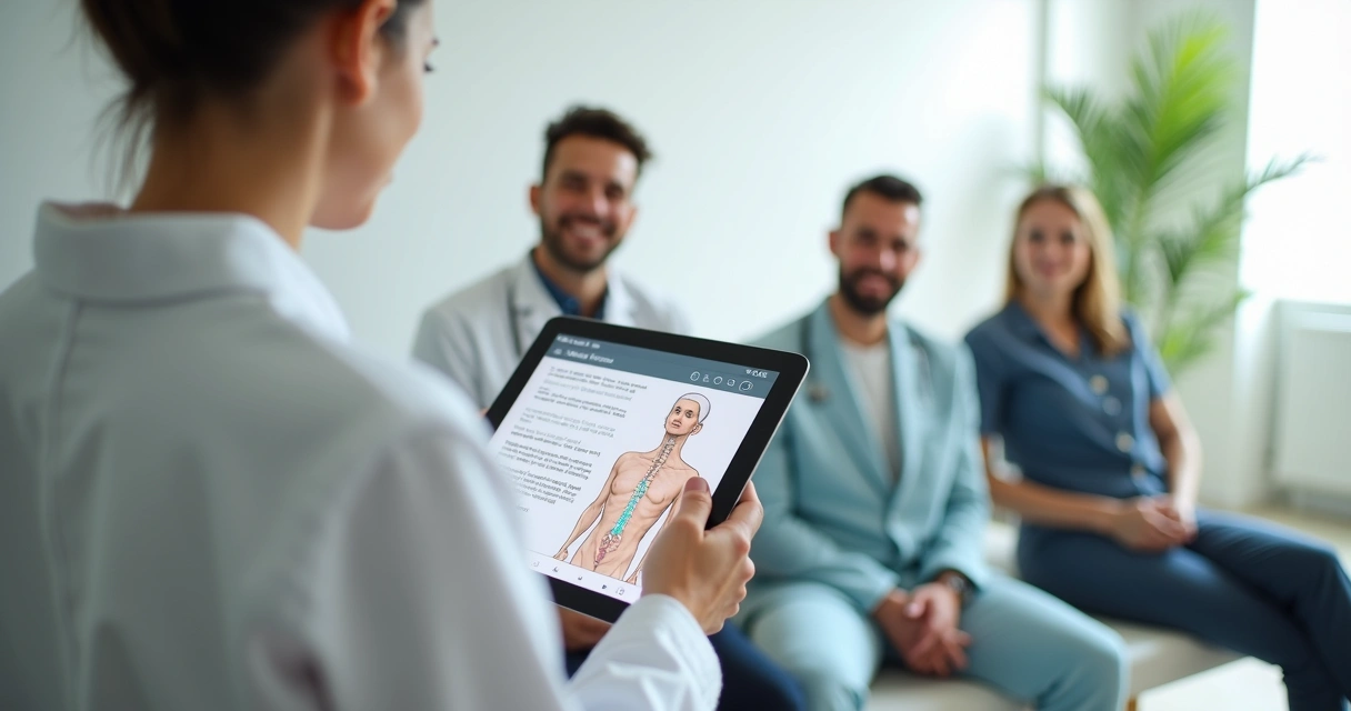 Profissional analisando pontos de acupuntura em um tablet, pacientes esperando ao fundo 