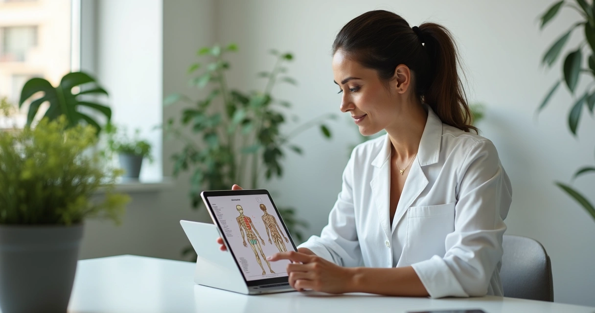 Consulta de acupuntura, terapeuta analisando informações de pontos em um tablet