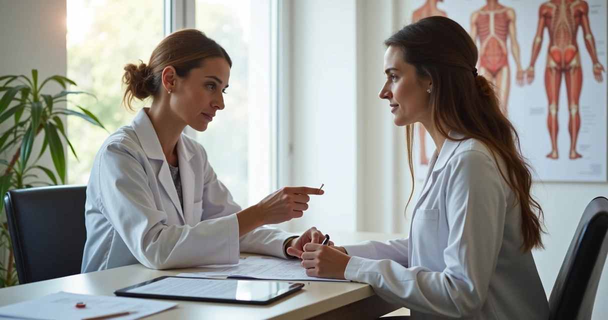 Profissional de acupuntura conversando com um paciente numa clínica limpa e iluminada, anotando informações em um prontuário 