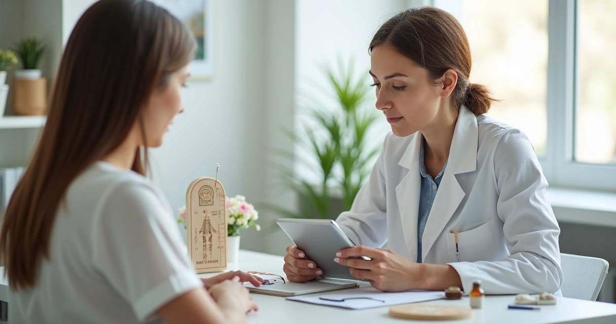 Profissional de acupuntura anotando evolução do paciente em consultório 