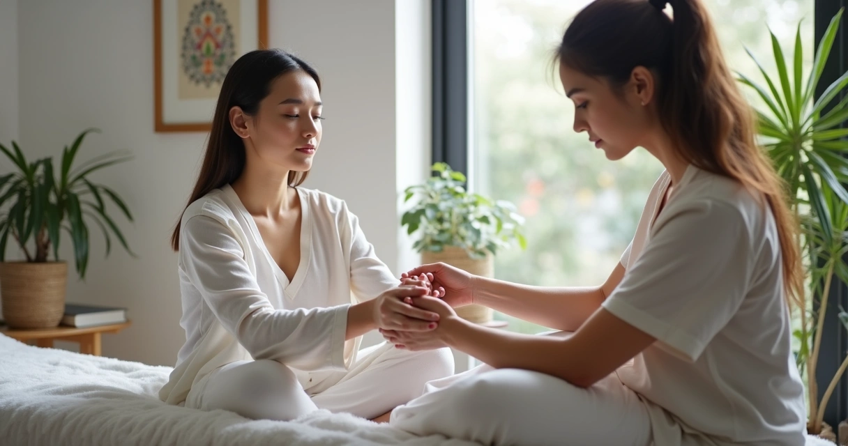 Profissional orienta paciente sobre respiração durante acupuntura, sala com decor minimalista, atmosfera tranquila 