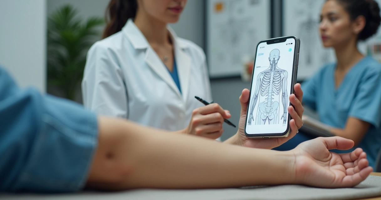 Profissional de acupuntura consultando aplicativo móvel sobre pontos de acupuntura em consultório 