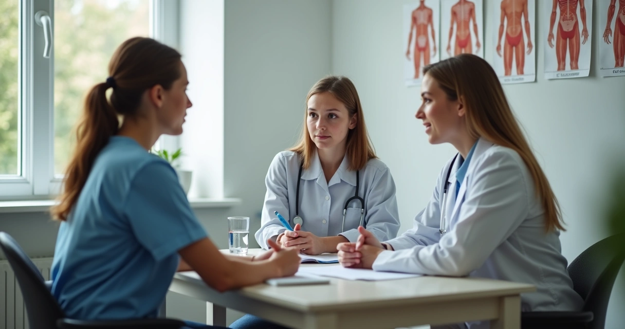 Profissional de saúde conversando com adolescente e responsável 