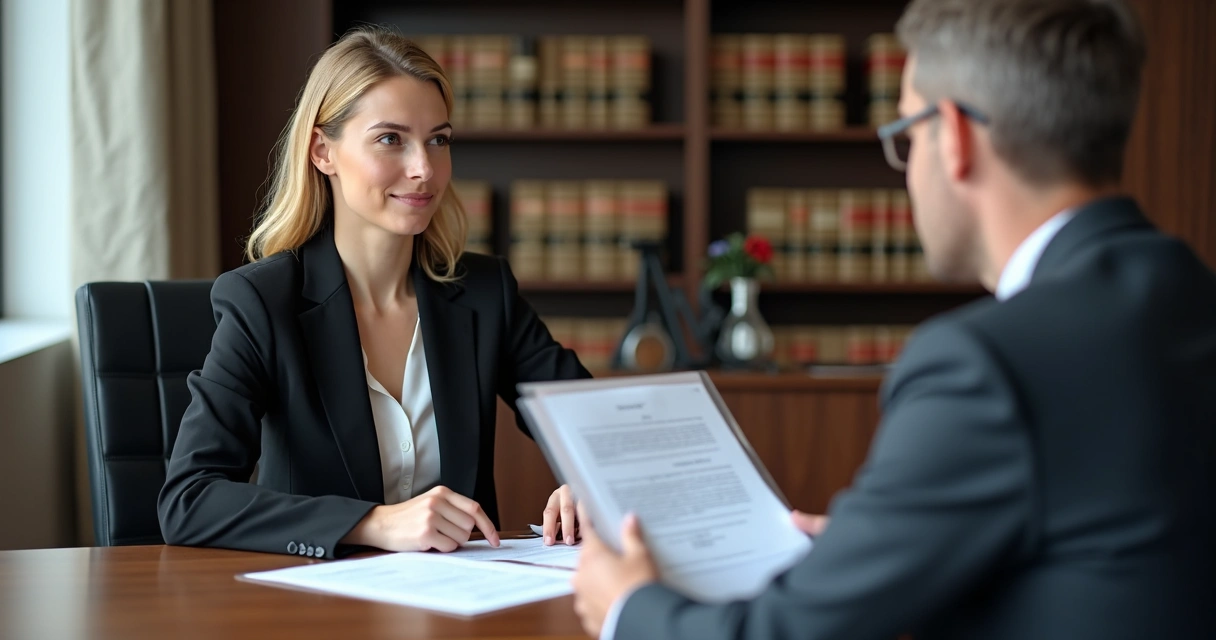 Advogada conversando com cliente em ambiente de escritório