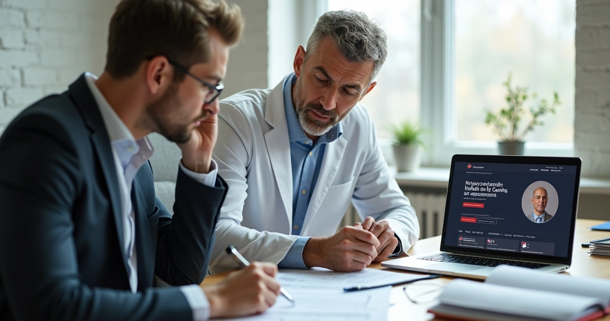 Advogado e cliente analisando documentos de saúde e planos de tratamento 