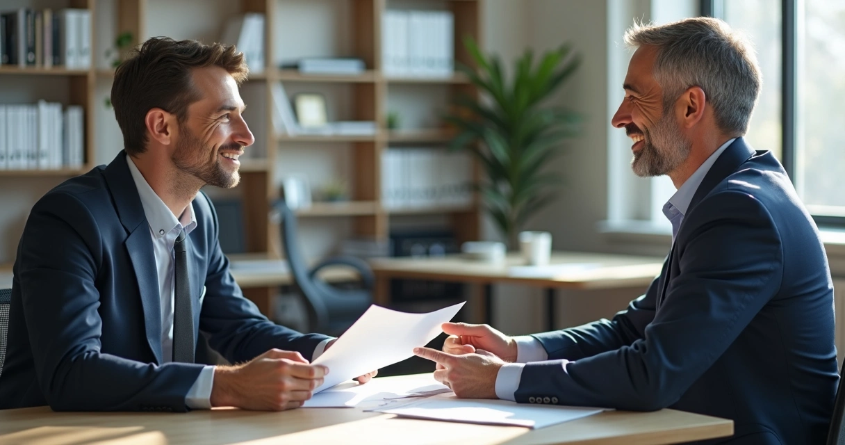 Advogado previdenciário conversando com cliente em ambiente tranquilo 