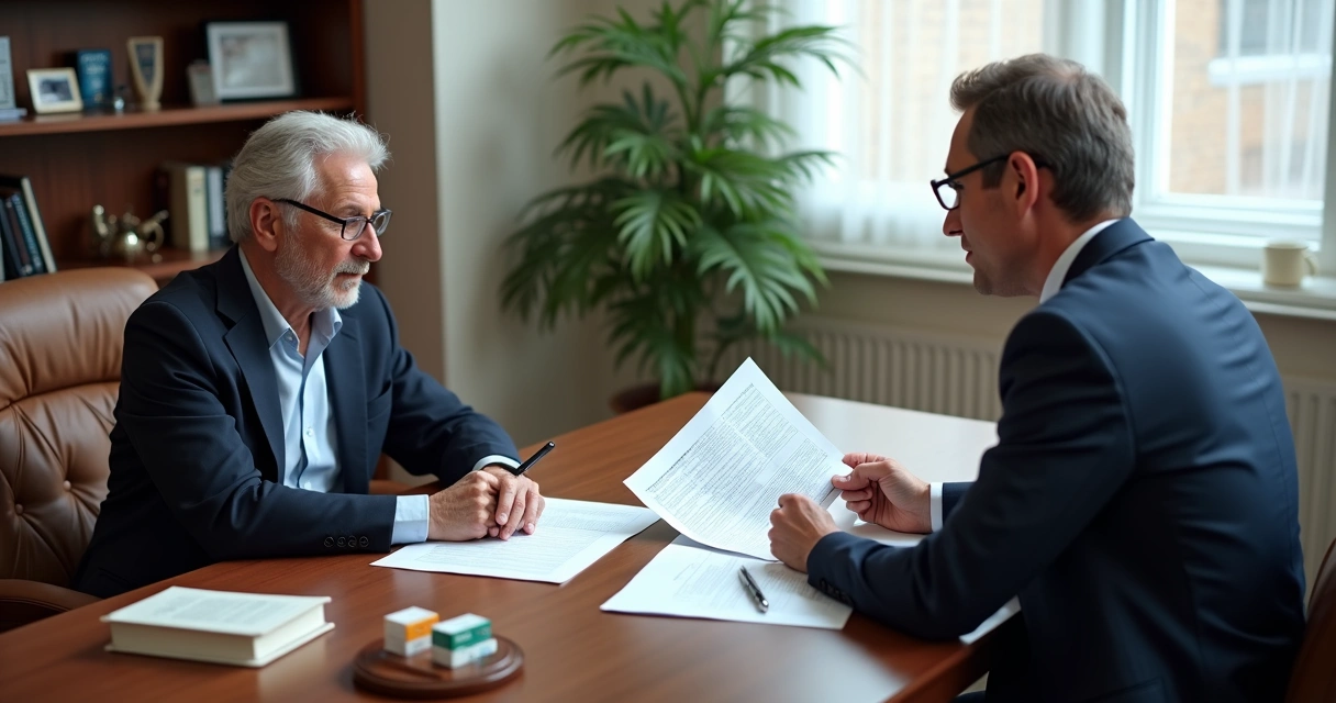 Pessoa em reunião com advogado, analisando documentos médicos sobre diabetes.