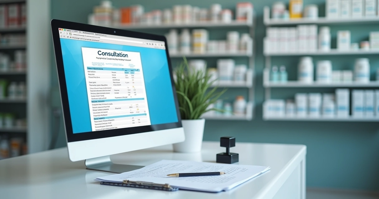 Tela de consulta regulatória em farmácia com documentos e computador 