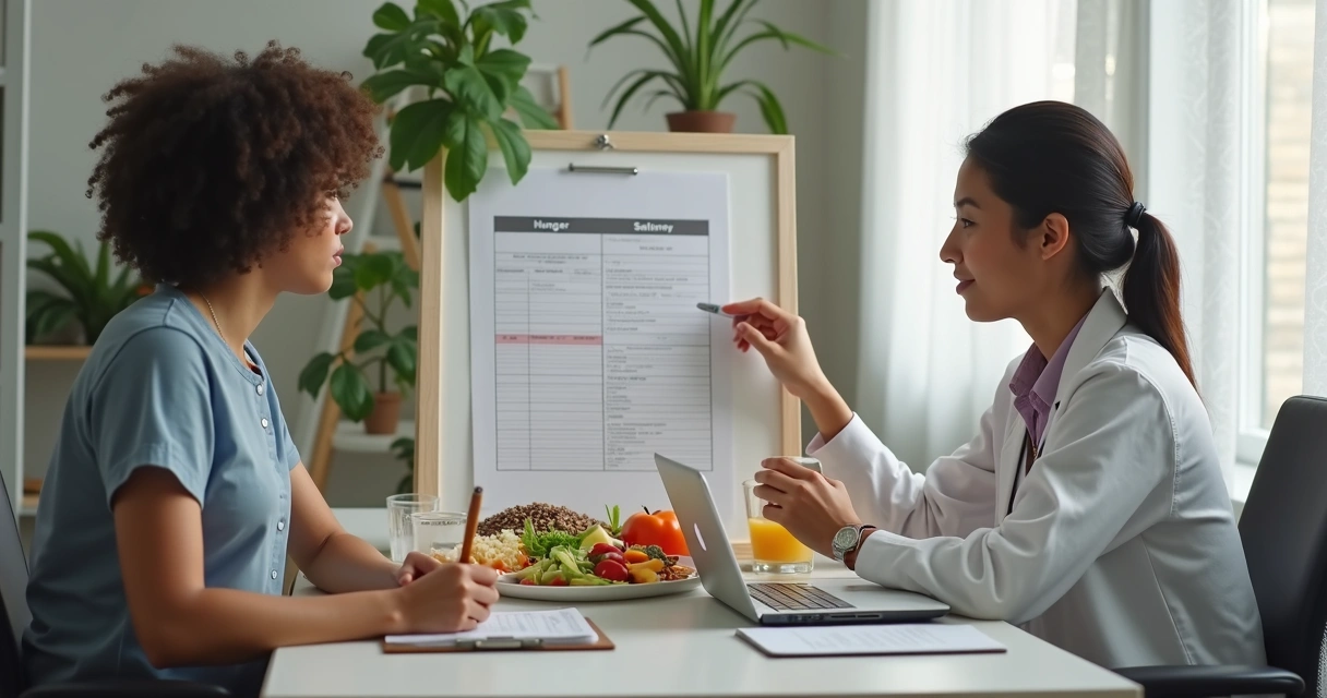Nutricionista orientando paciente sobre refeição consciente em consultório