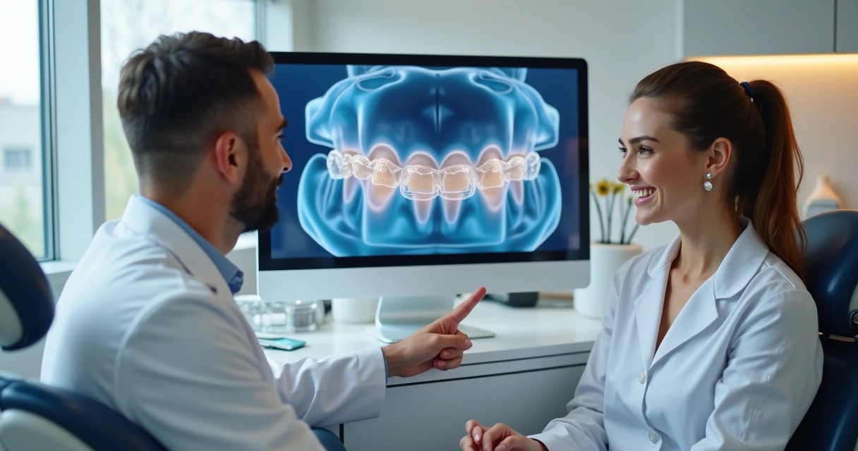Dentista mostrando planejamento digital de alinhador invisível em tela para paciente
