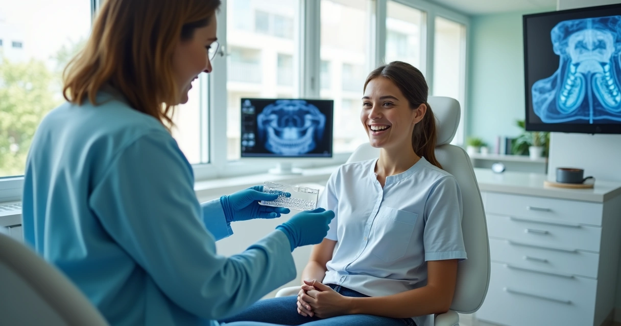 Dentista mostrando alinhadores transparentes em consultório moderno 