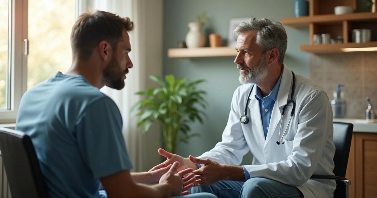 Homem em consulta médica com médico acolhedor, expressão de empatia