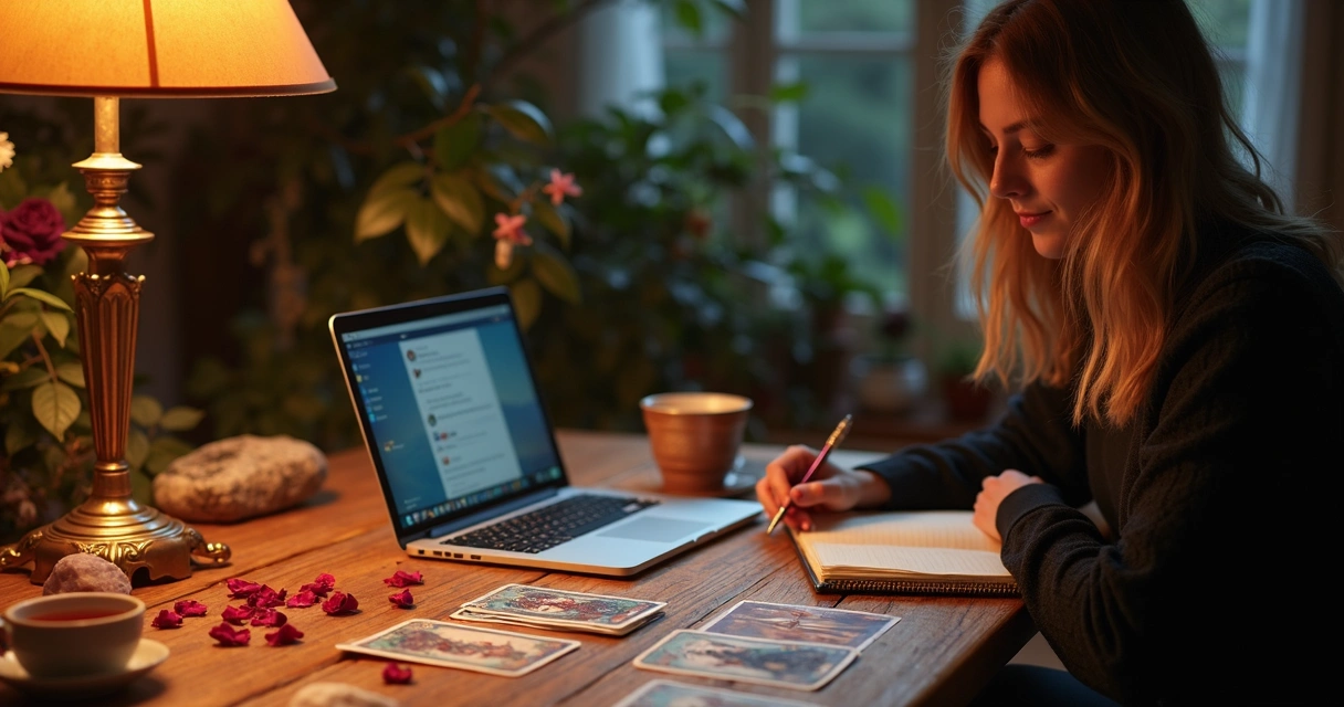 Consultora de tarot online em mesa com cartas, computador e ambiente acolhedor 