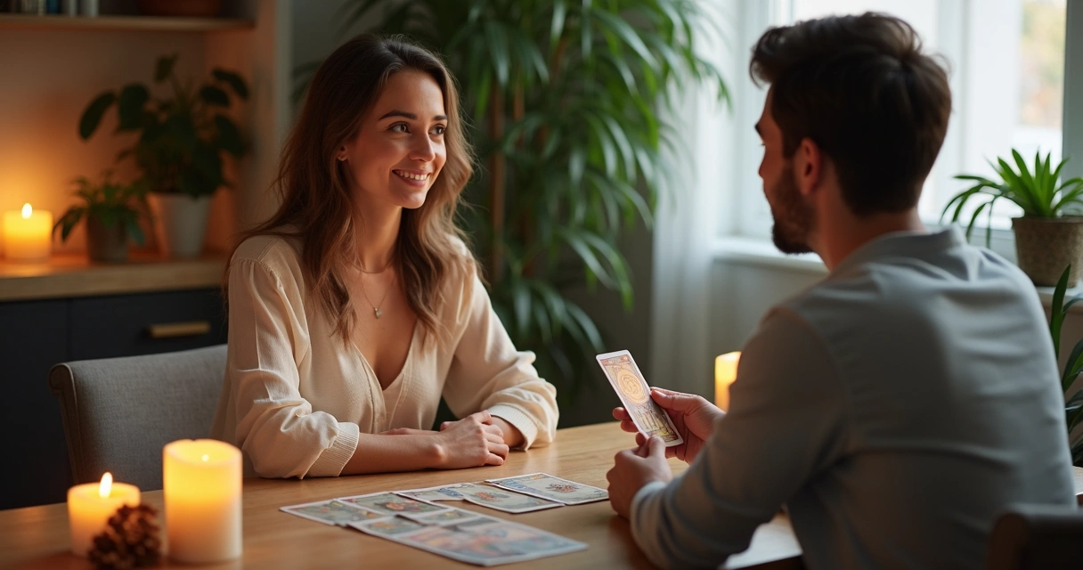 Especialista de tarot atendendo casal em consulta amorosa por videoconferência