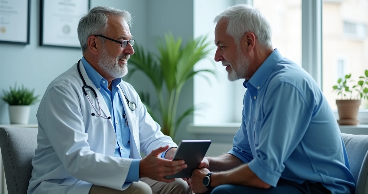 Andrologista conversa com paciente masculino em consultório moderno 